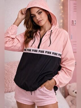 PINK Victoria's Secret Anorak Windbreaker Jacket Pink Black Size XS
